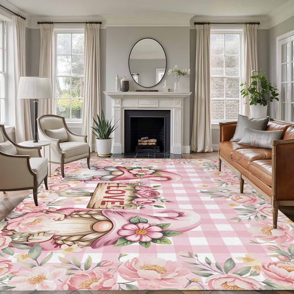 Valentine's Day Area Rug 5x8 Washable Rug Non Slip Pink Gnomes Rose Flowers Buffalo Plaid Large Area Rug Soft Stainresistant Indoor Floor Carpet for Living Room Bedroom Home Office Dining Room