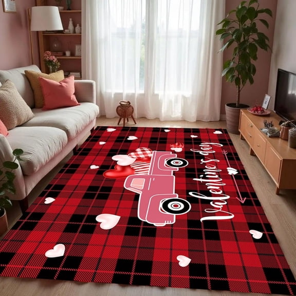Valentine's Day Area Rug 5x8ft Vintage Buffalo Plaid Heart Rug,Pink Truck Print Carpet Rubber Backed Machine Washable Area Rugs for Farmhouse Living Room Bedroom Valentine's Decor