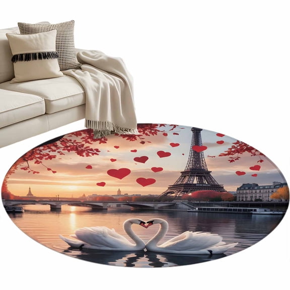Valentine's Day Area Rug, Modern Sweet Swan Couple under Eiffel Tower Red Love Heart Washable Large Circle Carpet, Non Slip Round Rug for Living Room/Bedroom/Dining Room/Home Office/Dorm
