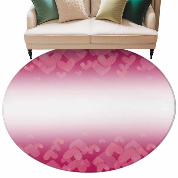 Valentine's Day Area Rug, Pink Gradient Love Heart Washable Large Circle Carpet, Non Slip Round Rug for Living Room/Bedroom/Dining Room/Home Office/Dorm