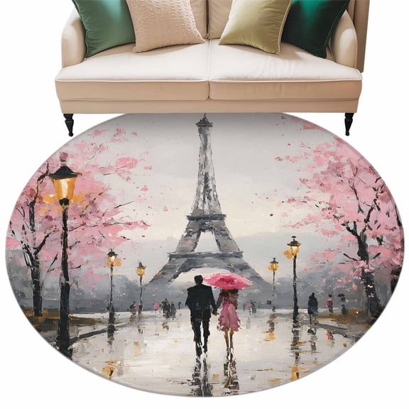 Valentine's Day Area Rug, Rainy Couple under Pink Umbrella Paris Eiffel Tower Pink Trees Washable Large Circle Carpet, Non Slip Round Rug for Living Room/Bedroom/Dining Room/Home Office/Dorm