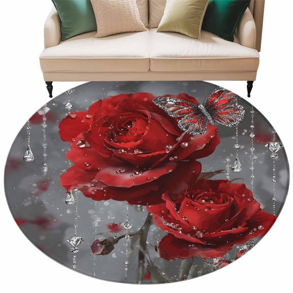 Valentine's Day Area Rug, Rainy Romantic Diamonds Red Roses Floral Butterfly Washable Large Circle Carpet, Non Slip Round Rug for Living Room/Bedroom/Dining Room/Home Office/Dorm