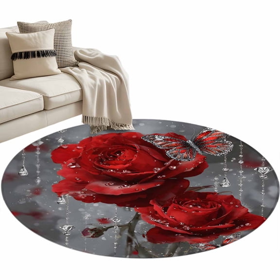Valentine's Day Area Rug, Rainy Romantic Diamonds Red Roses Floral Butterfly Washable Large Circle Carpet, Non Slip Round Rug for Living Room/Bedroom/Dining Room/Home Office/Dorm