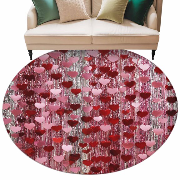 Valentine's Day Area Rug, Romantic Ombre Pink Falling Love Heart Shiny Foil Fringe Washable Large Circle Carpet, Non Slip Round Rug for Living Room/Bedroom/Dining Room/Home Office/Dorm