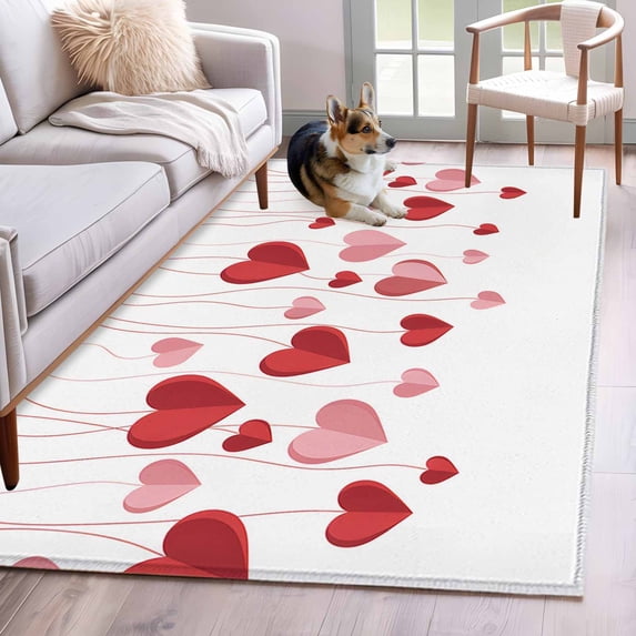 Valentine's Day Area Rugs 2.7'x5', Washable Small Throw Rugs for Kitchen Bedroom, Pink Red Love Sweet Falling Heart Romantic Indoor Outdoor Rug Non-Slip Low Pile Carpet Runner Reversible Floor Mats