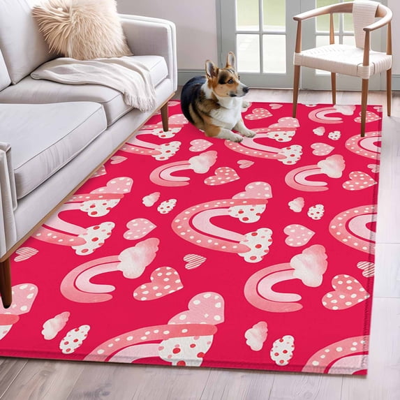 Valentine's Day Area Rugs 2.7'x5', Washable Small Throw Rugs for Kitchen Bedroom, Red Rainbow Love Heart Polka Dots Spring Indoor Outdoor Rug Non-Slip Low Pile Carpet Runner Reversible Floor Mats