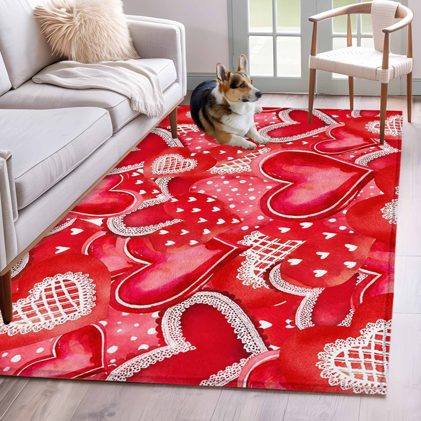 Valentine Rug Valentine's Day Area Rugs 3x5 ft Love Heart Lace Red Background ...