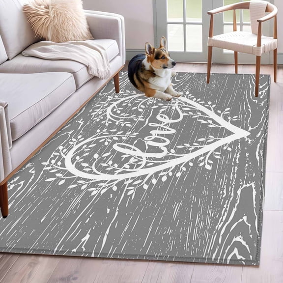 Valentine's Day Area Rugs 3x5 ft Spring Tree Branches Love Heart Grey Wooden Stripes Washable Rug Non Slip Indoor Carpet Absorbent Floor Mat for Living Room Bedroom Dining Room