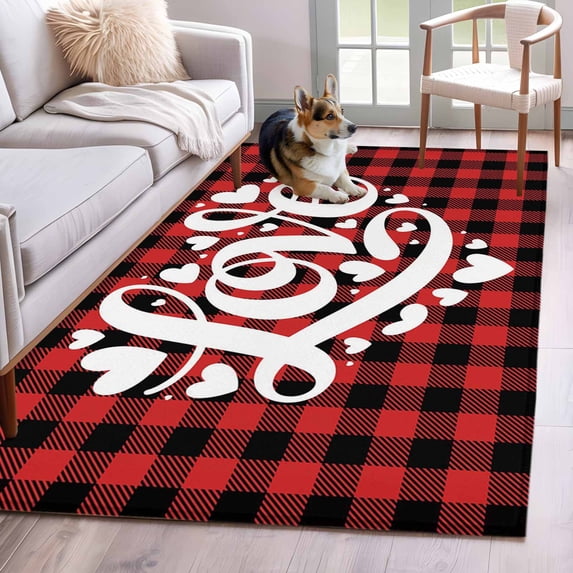 Valentine's Day Area Rugs 4'x6', Washable Small Throw Rugs for Office Bathroom, Romantic Love Red Checkered Buffalo Indoor Outdoor Rug Non-Slip Low Pile Carpet Runner Reversible Floor Mats