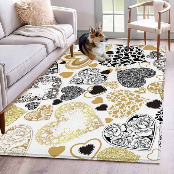 Valentine's Day Area Rugs 4x6 ft Abstract Black Gold Roses Water Drops Love Heart Washable Rug Non Slip Indoor Carpet Absorbent Floor Mat for Living Room Bedroom Dining Room