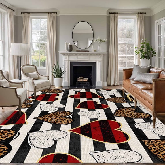 Valentine's Day Area Rugs 5'x7', Washable Small Throw Rugs for Laundry Room Playroom, Black Red Strip Love Hearts Farmhouse Indoor Outdoor Rug Non-Slip Low Pile Carpet Runner Reversible Floor Mats