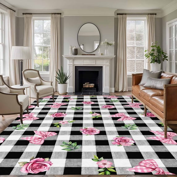 Valentine's Day Area Rugs 5'x7', Washable Small Throw Rugs for Laundry Room Playroom, Spring Roses Pink Bows Black White Plaid Indoor Outdoor Rug Non-Slip Low Pile Carpet Runner Reversible Floor Mats
