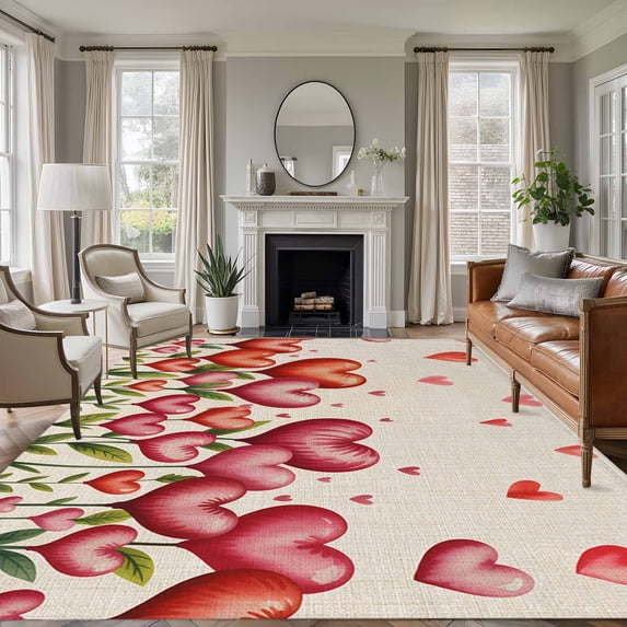 Valentine's Day Area Rugs 6'x9', Small Throw Rugs for Kitchen Dining room, Pink Love Flowers Leaves Plants Spring Beige Indoor Outdoor Rug Non-Slip Low Pile Carpet Runner Reversible Floor Mats