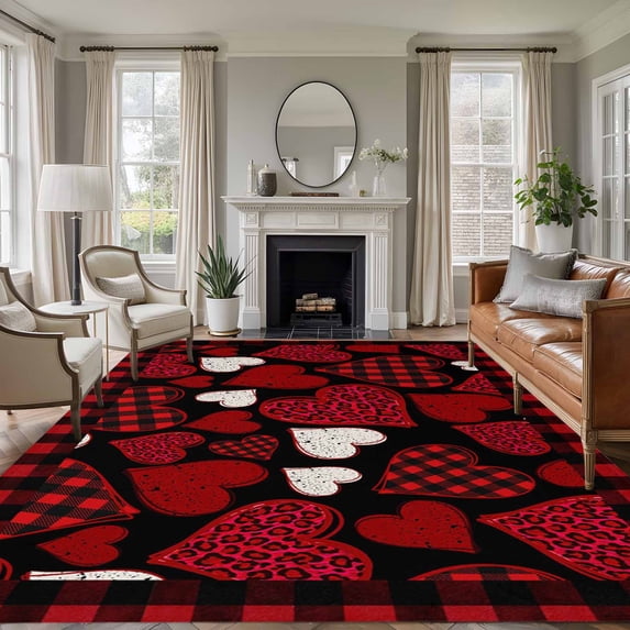 Valentine's Day Area Rugs 8'x10', Washable Small Throw Rugs for Living Room Patio, Red Black Love Hearts Checkered Indoor Outdoor Rug Non-Slip Low Pile Carpet Runner Reversible Floor Mats