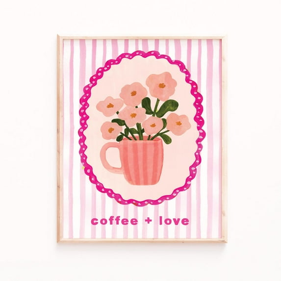 Valentine's Day Art Poster Coffee Mug Flowers - Pink Retro Stripes, Unframed Canvas Size 24x36 F03.1.19l1587