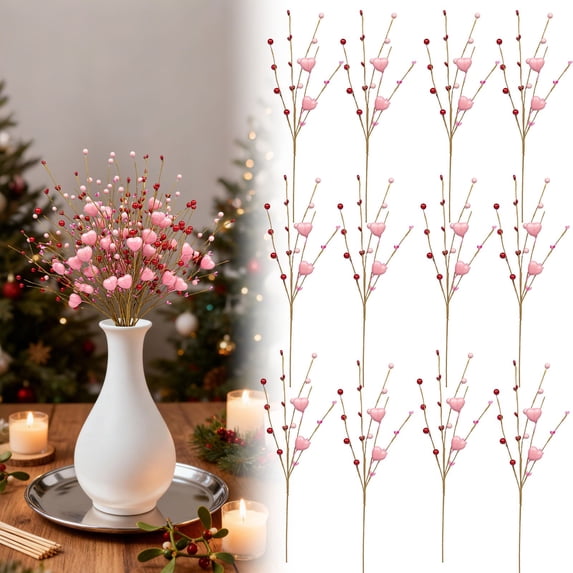 Valentine's Day Artificial Berry Flower Stems Heart Shape Floral Picks Sprays Branches for Spring Mother's Day Xmas Bridal Wedding Decoration Table Decor Vase Filler(12pcs)