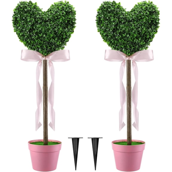 Valentine's Day Artificial Boxwood Decoration 25.6"-32.6'' Fake Heart-Shaped Topiary Tree Plant Faux Love Topiary Ball for Indoor and Outdoor Valentine's Day Holiday Garden Porch Decor