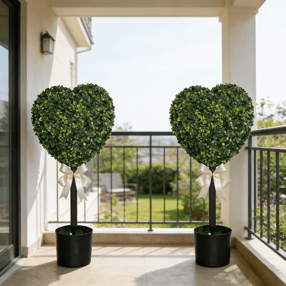 Valentine’s Day Artificial Boxwood Heart Topiary Tree, 2Pc Faux Boxwood Heart Plant with White Ribbon Potted Plant, Perfect for Valentine’s Anniversary Displays