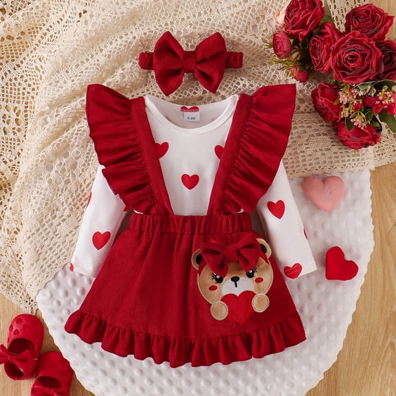 Valentine’s Day Baby Girl 3-Piece Outfit – Heart Romper, Overalls Dress & Headband (0-12M Festive Toddler Wear)