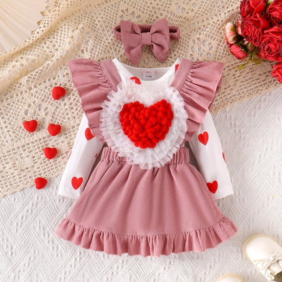 Valentine’s Day Baby Girl 3-Piece Outfit – Heart Romper, Overalls Dress & Headband (0-12M Festive Toddler Wear)