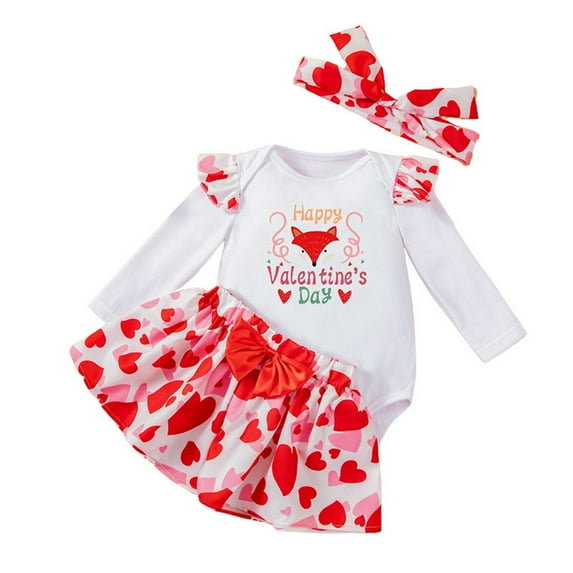 Valentine's Day Baby Girl Clothes Toddler Long Sleeve Ruffle Romper Top Skirt Set Heart Print Little Girls Overall Dress,Red,18-24 Months