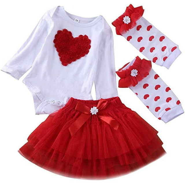 Valentine's Day Baby Girl Outfit Heart Romper+Tulle Tutu Skirt+Leg