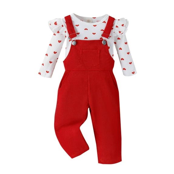 Valentine's Day Baby Outfits Long Sleeve Heart Prints Ribbed Pullover Tops Suspenders Pants Outfits,Size 6 Months-12 Months White