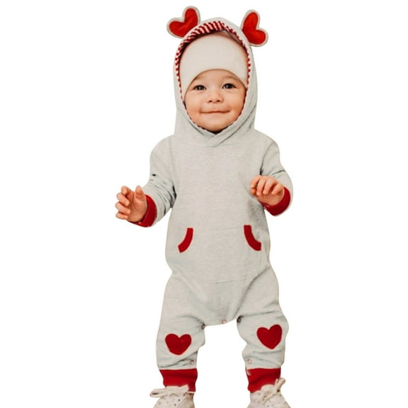 Valentine's Day Baby Romper Boys Girls Long Sleeve Heart Prints Hooded Romper Jumpsuit Clothes,Size 3 Months-6 Months Grey