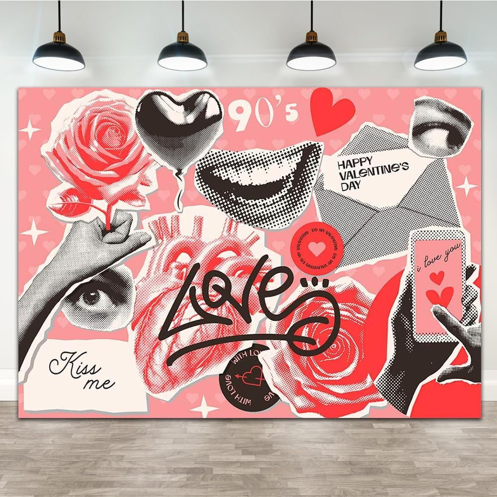 Valentine's Day Backdrop 90s Love Balloon Red Rose Heart Collage Style ...