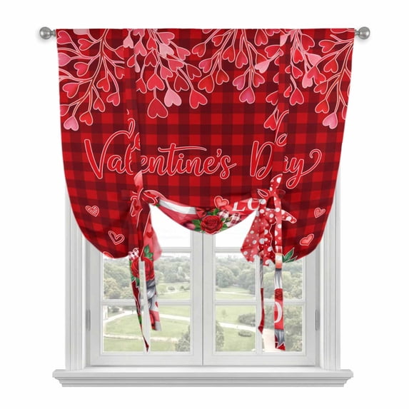 Valentine's Day Balloon Curtains for Bedroom/Front Door/Bathroom, Gnomes Romantic Roses Red Plaid Tie Up Curtains 63 Inch Length Light Filtering Kitchen Curtains Shades for Windows 46"x63"