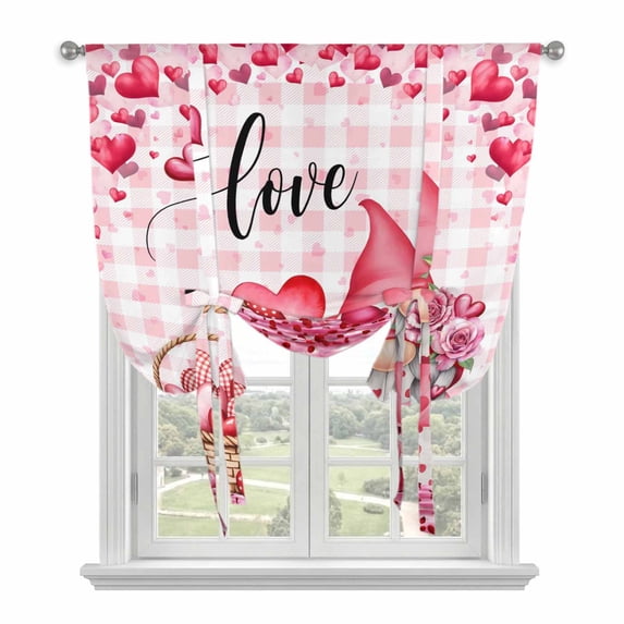 Valentine's Day Balloon Curtains for Living Room/French Door, Gnomes Love Roses Romantic Pink Plaid Tie Up Curtains 63 Inch Length Energy Saving Kitchen Curtains Shades for Windows 42"x63"