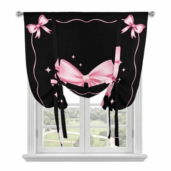 Valentine's Day Balloon Curtains for Living Room/French Door, Pink Bowknot Ribbon on Black Mother's Day Tie Up Curtains 63 Inch Length Energy Saving Kitchen Curtains Shades for Windows 42"x63"
