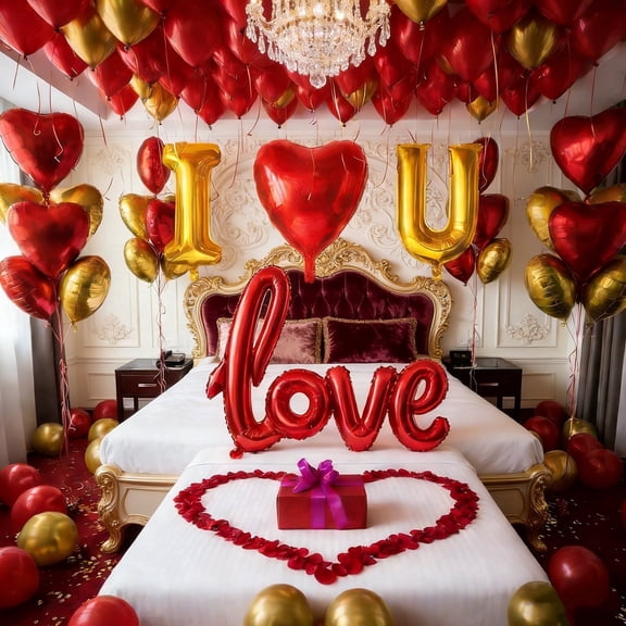 Love Balloon Decoration Kit, 59-Piece Romantic Room Decor Set with Heart Balloons and Rose Petals