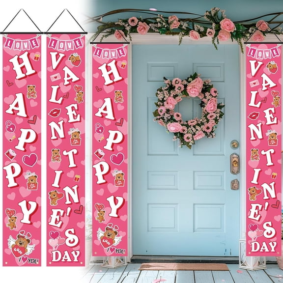 Valentine's Day Banners Porch Door Decorations Porch Signs Hanging Front Door Decorations for Outside Yard Garland Party Supplies