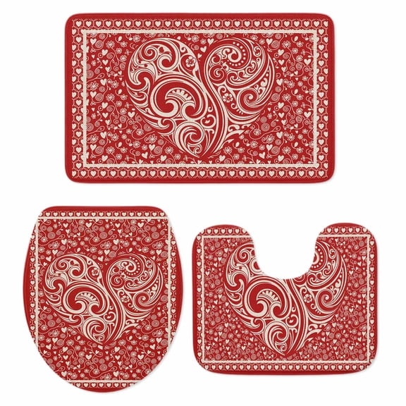 Valentine's Day Bath Mat 3 Piece Bathroom Rug Set, Red Love Vintage Country Abstract Art Non Slip Bath Rug Contour Mat and Toilet Lid Cover, Absorbent Shower Mats Soft Bath Rugs and Mats Sets