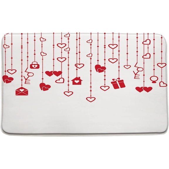 Valentine''s Day Bath Mat Red Heart Love Gift Box Envelope Couple Romance Abstract Simple Art Bathroom Kitchen Rugs,16"x 24"