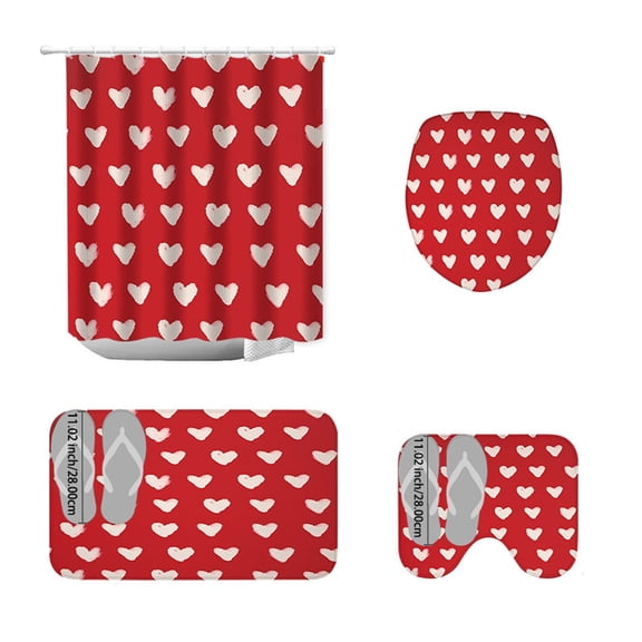 Valentine's Day Bathroom 4-Piece with Shower Curtain, Toilet Seat Cover, and Floor Mats, Waterproof Romantic Design for Home Bathroom Decor, Heart and Rose Theme for Valentine's Celebration