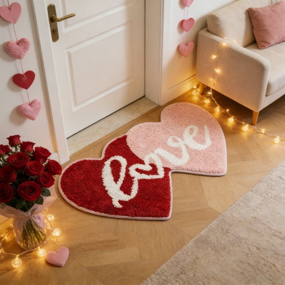 Valentine’s Day Bathroom Rug Heart Shaped, Non Slip Washable Bath Mat with PVC Backing – Quick Dry Microfiber Floor Mat for Bathroom, Kitchen, Bedroom, Entryway, Romantic Home Decor