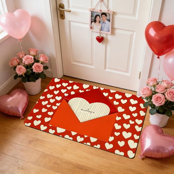 Valentine's Day Bathroom Rug Washable 16"x24" Entryway Rug Non Slip Pink Red Love Heart Front Door Mat Low Pile Indoor Doormat Throw Floor Carpet for Kitchen Bedroom Entrance