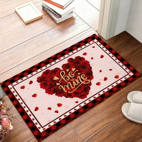 Valentine's Day Bathroom Rug Washable Entryway Rug Non Slip Red Love Rose Floral Stripes Romantic Front Door Mat Low Pile Indoor Doormat Throw Floor Carpet for Kitchen Bedroom Entrance
