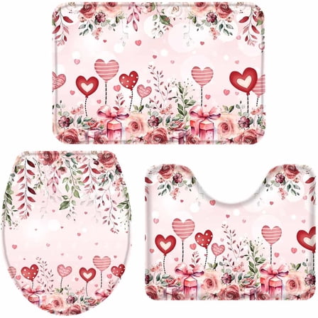 Valentine''s Day Bathroom Rugs and Mats Sets 3 Piece Pink Rose Love Bathroom Sets Non Slip Bath Rug Set with U Shape Rug Romantic Heart Contour Toilet Rug for Bathroom Floor Valentine Decor Small Size