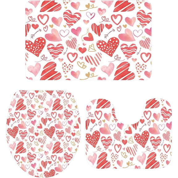 Valentine''s Day Bathroom Rugs and Mats Sets 3 Piece Red Love Heart Bathroom Sets Non Slip Bath Rug Set with U Shape Rug Romantic Pink Contour Toilet Rug for Bathroom Floor Valentine Decor Small Size