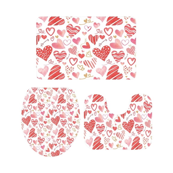 Valentine's Day Bathroom Rugs and Mats Sets 3 Red Love Heart Bathroom Sets Non Slip Bath Rug Set with U Shape Rug Romantic Pink Contour Toilet Rug for Bathroom Floor Valentine Decor Large Size C113