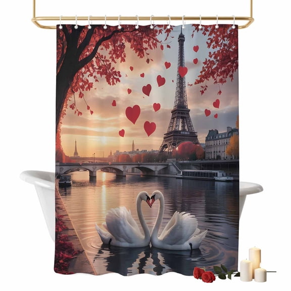 Valentine's Day Bathroom Shower Curtain, Modern Sweet Swan Couple under Eiffel Tower Red Love Heart Waterproof Washable Soft Bath Curtain for Bathtub Decor with 12 Hooks&Grommet, 72x72 Inch