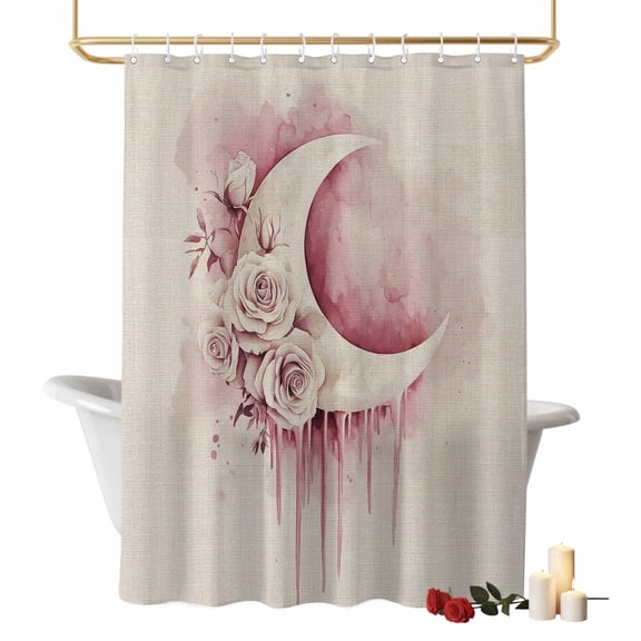 Valentine's Day Bathroom Shower Curtain, Moon Rose Watercolor Romantic Retro Waterproof Washable Soft Bath Curtain for Bathtub Decor with 12 Hooks&Grommet, 60x72 Inch