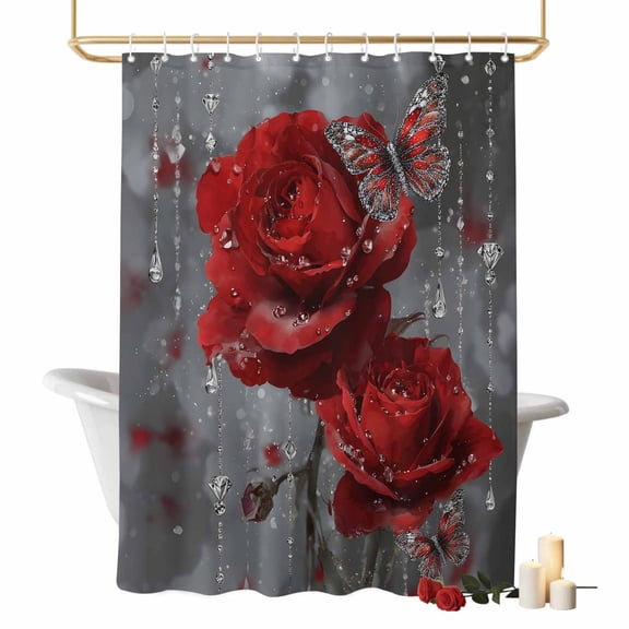 Valentine's Day Bathroom Shower Curtain, Rainy Romantic Diamonds Red Roses Floral Butterfly Waterproof Washable Soft Bath Curtain for Bathtub Decor with 12 Hooks&Grommet, 66x72 Inch