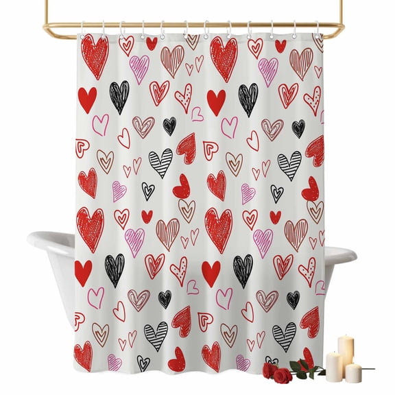 Valentine's Day Bathroom Shower Curtain, Red Black Love Heart Hand-drawn Cute Waterproof Washable Soft Bath Curtain for Bathtub Decor with 12 Hooks&Grommet, 72x72 Inch