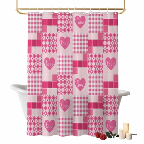 Valentine's Day Bathroom Shower Curtain, Romance Love Red Plaid Waterproof Washable Soft Bath Curtain for Bathtub Decor with 12 Hooks&Grommet, 36x72 Inch