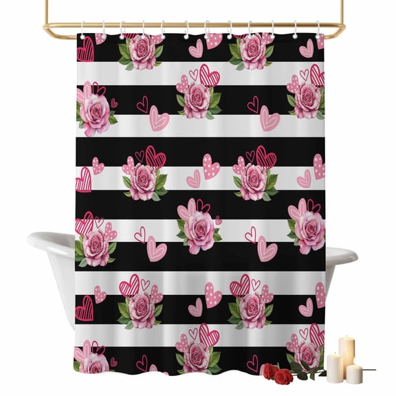 Valentine's Day Bathroom Shower Curtain, Romantic Pink Roses Floral Love Heart Black Stripes Waterproof Washable Soft Bath Curtain for Bathtub Decor with 12 Hooks&Grommet, 48x72 Inch