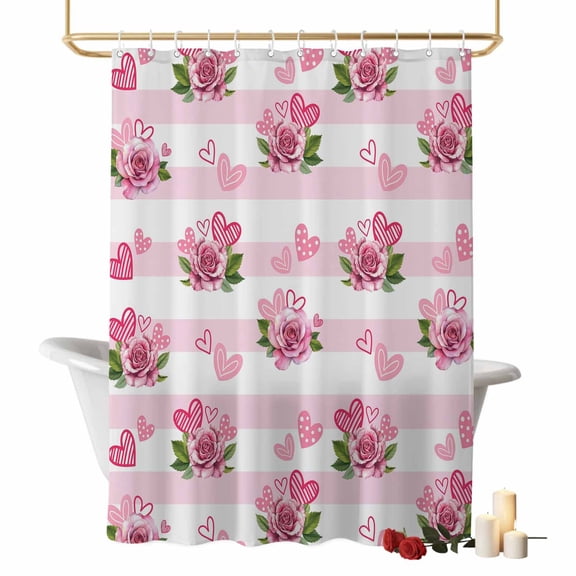Valentine's Day Bathroom Shower Curtain, Romantic Pink Roses Floral Love Heart Pink Stripes Waterproof Washable Soft Bath Curtain for Bathtub Decor with 12 Hooks&Grommet, 72x72 Inch